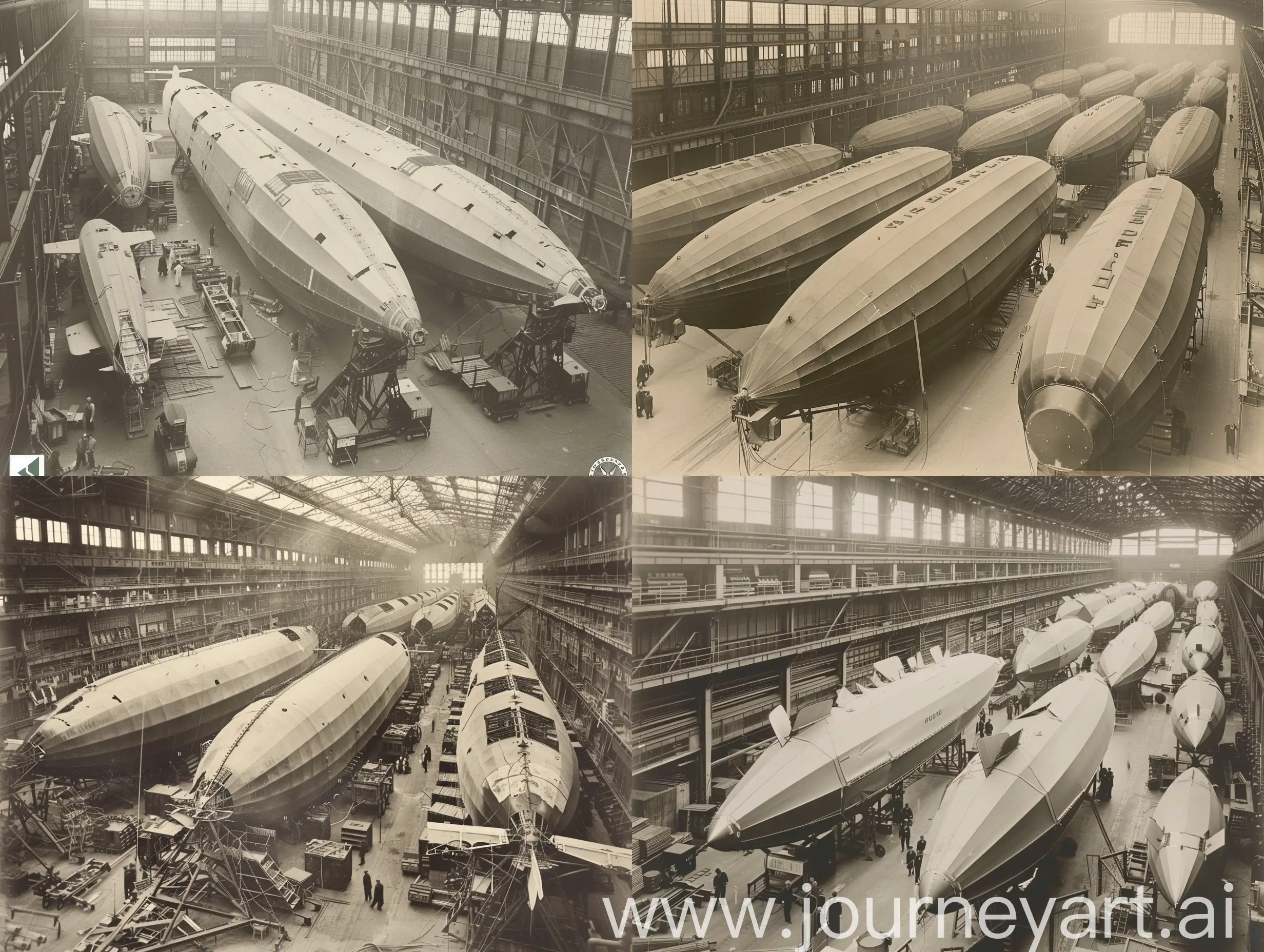 1933, old photo, multiple airship parts being assembled within in large hangar like factory to make an airship, detailed, 