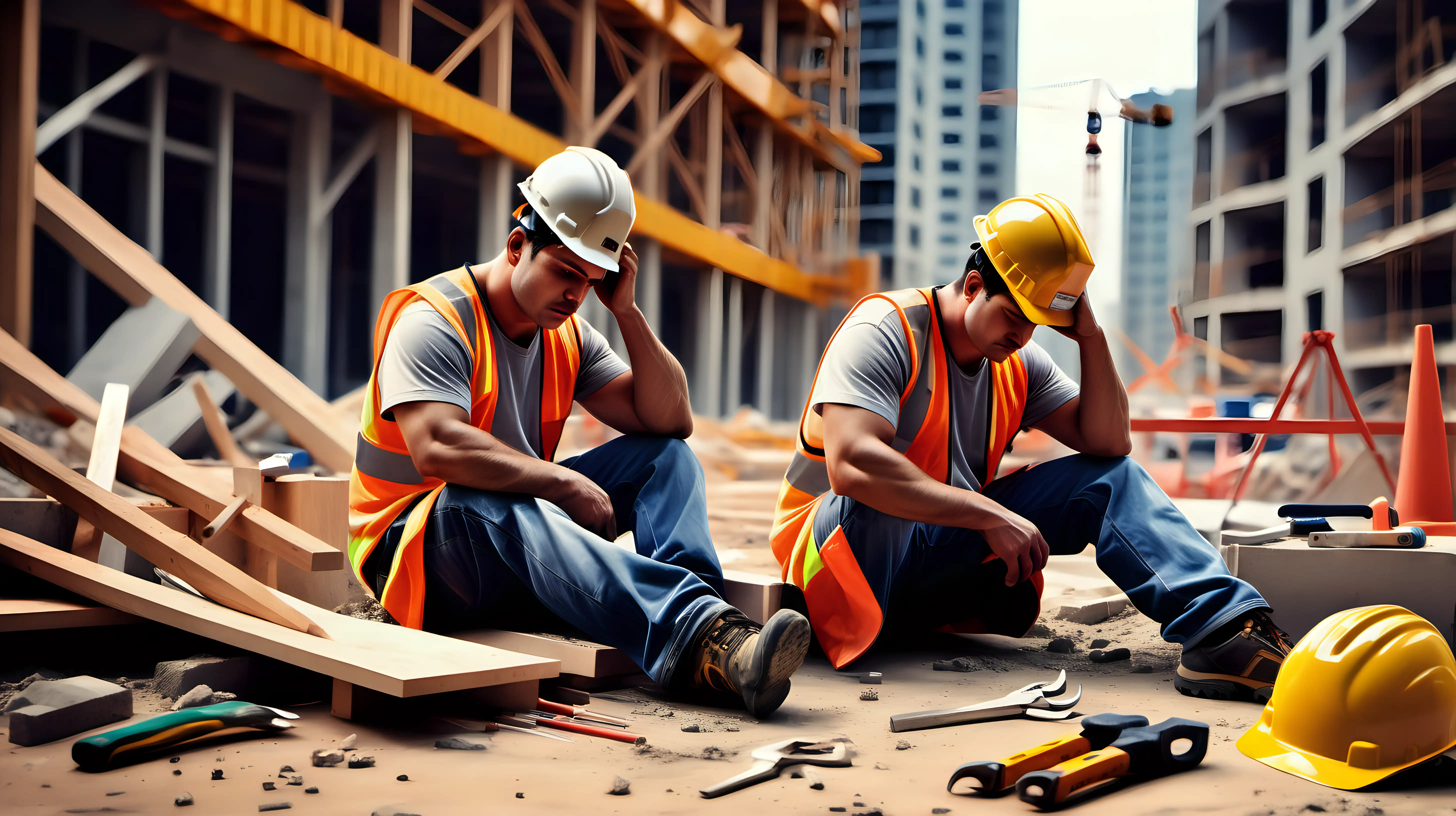 Construction Worker Resting Amidst Tools on Construction Site