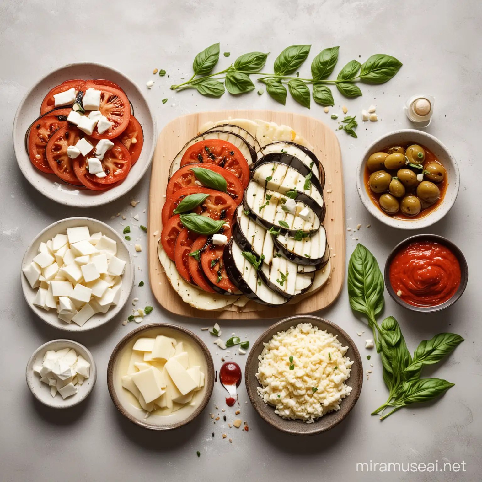 Баклажан, чеснок, томатное пюре, моцарелла, базилик, пармезан, оливковое масло
все продукты лежат отдельно друг от друга на светлом фоне
