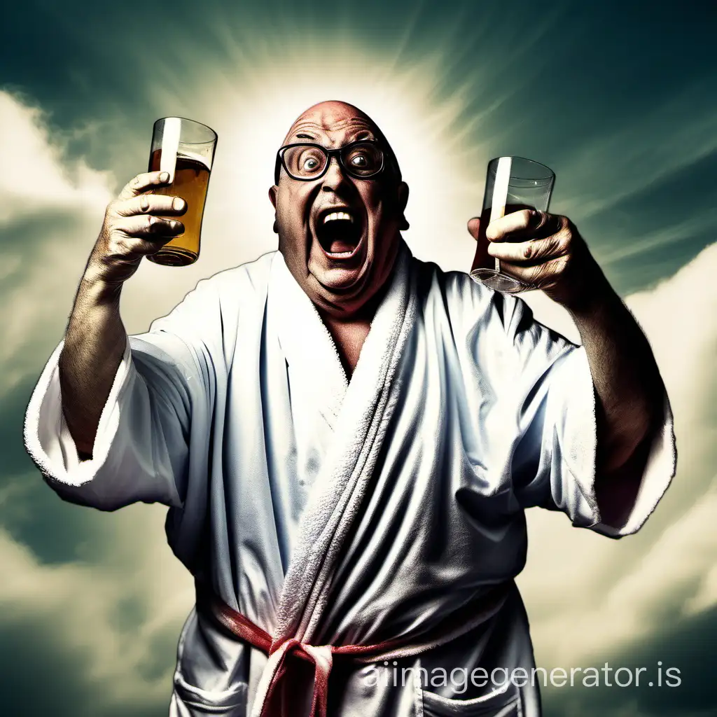 create an image of short old balding fat glasses man where he is drunk with an open robe only wearing boxers and screaming at the sky