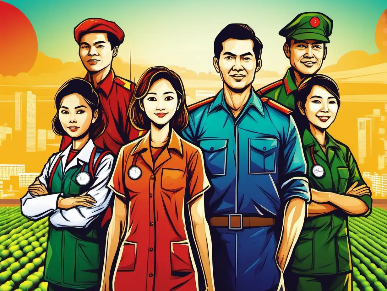 vietnamese poster that shows a female teacher, an engineer, a female doctor, a male farmer, a male soldier, with citiscape in the background, using flat vibrant colors with minimal shading