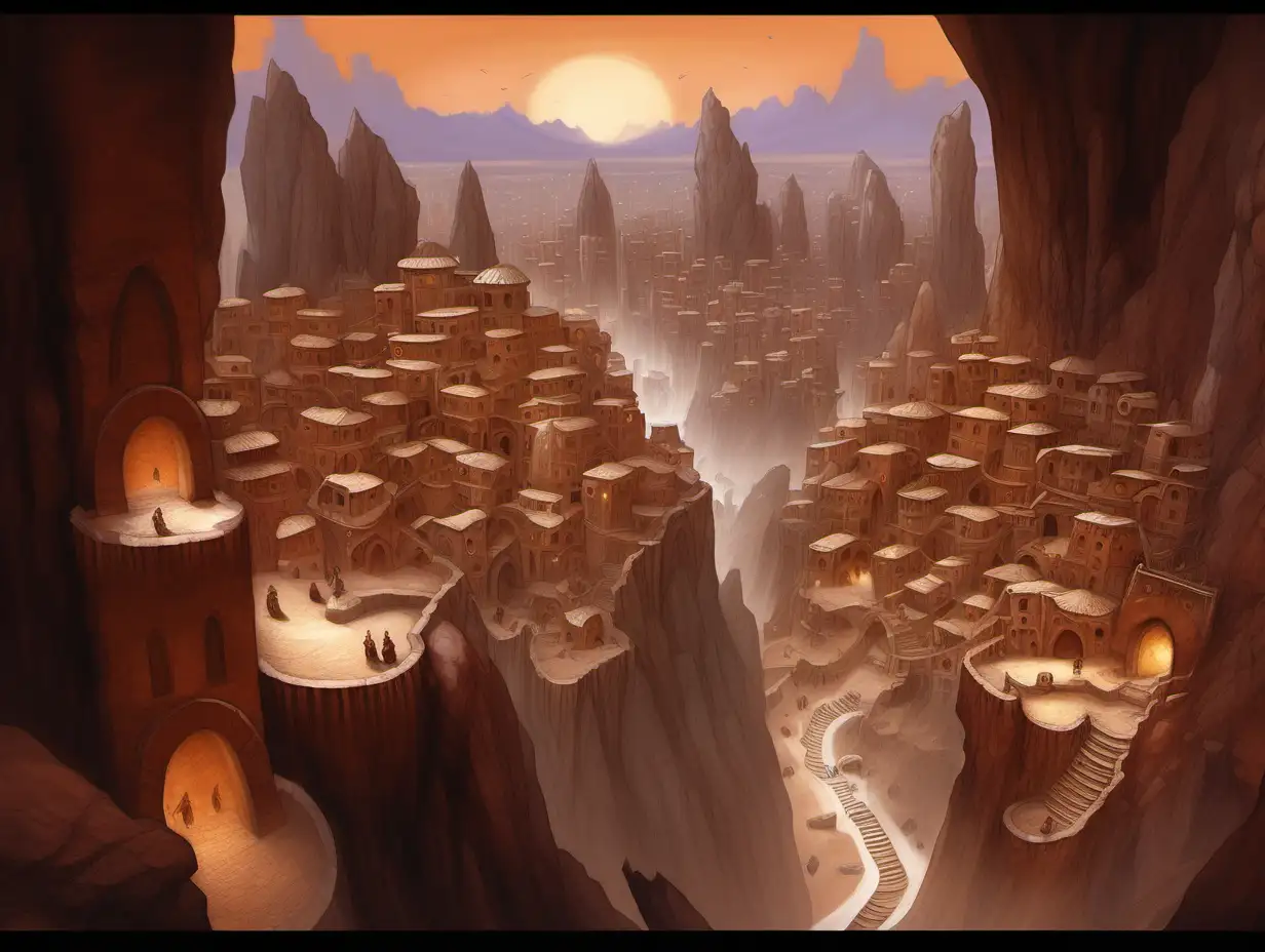 Terraced Town on a Brown Reddish Plateau Medieval Fantasy Painting