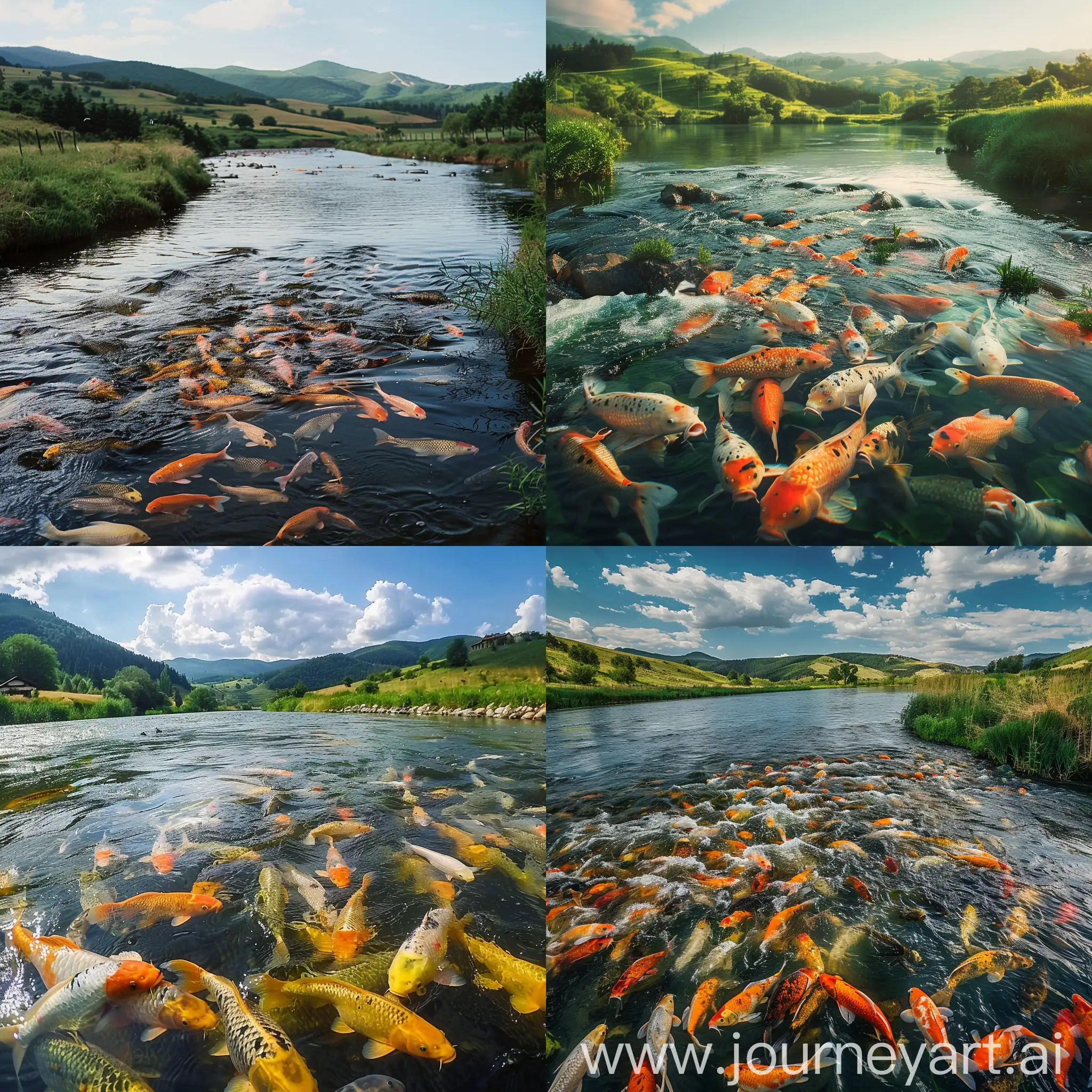 Tranquil-River-Scene-with-Abundant-Carp-Fish-in-Valley-Meadow