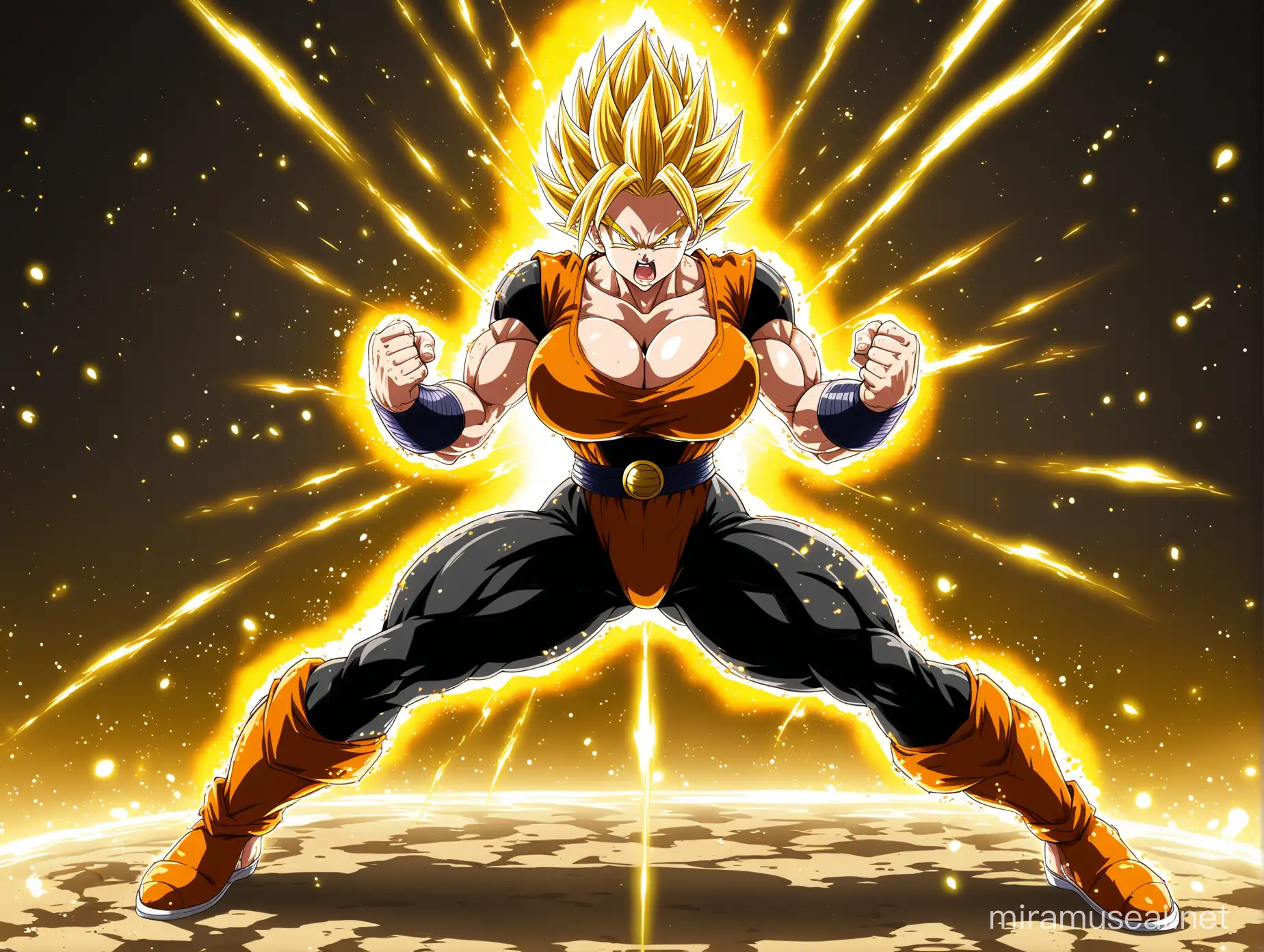 a female saiyan, black suit with red edges, angry, golden hair, yellow power aura, power particles, dragon ball z, full body, huge breasts, strong legs, power boost.