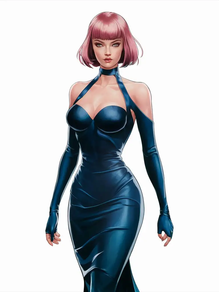 Female character, perfect body, short pink hair with bangs, tight dark blue dress