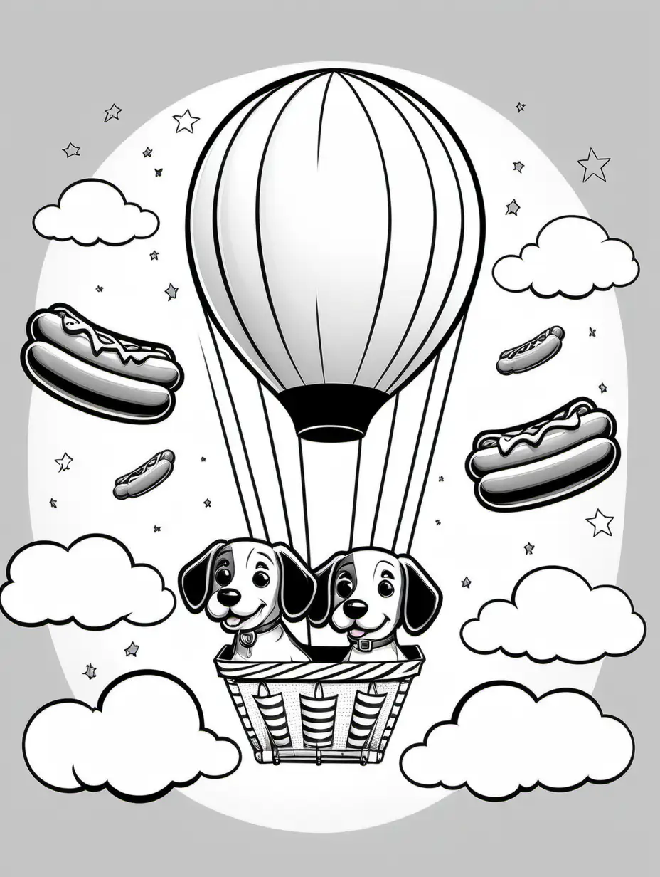 Two cute dogs in a hot air baloon with American style hot dogs on it, floating in the sky, Pixar style, simple outline and shapes, coloring page black and white comic book flat vector, white background –ar 3:4 –v 4