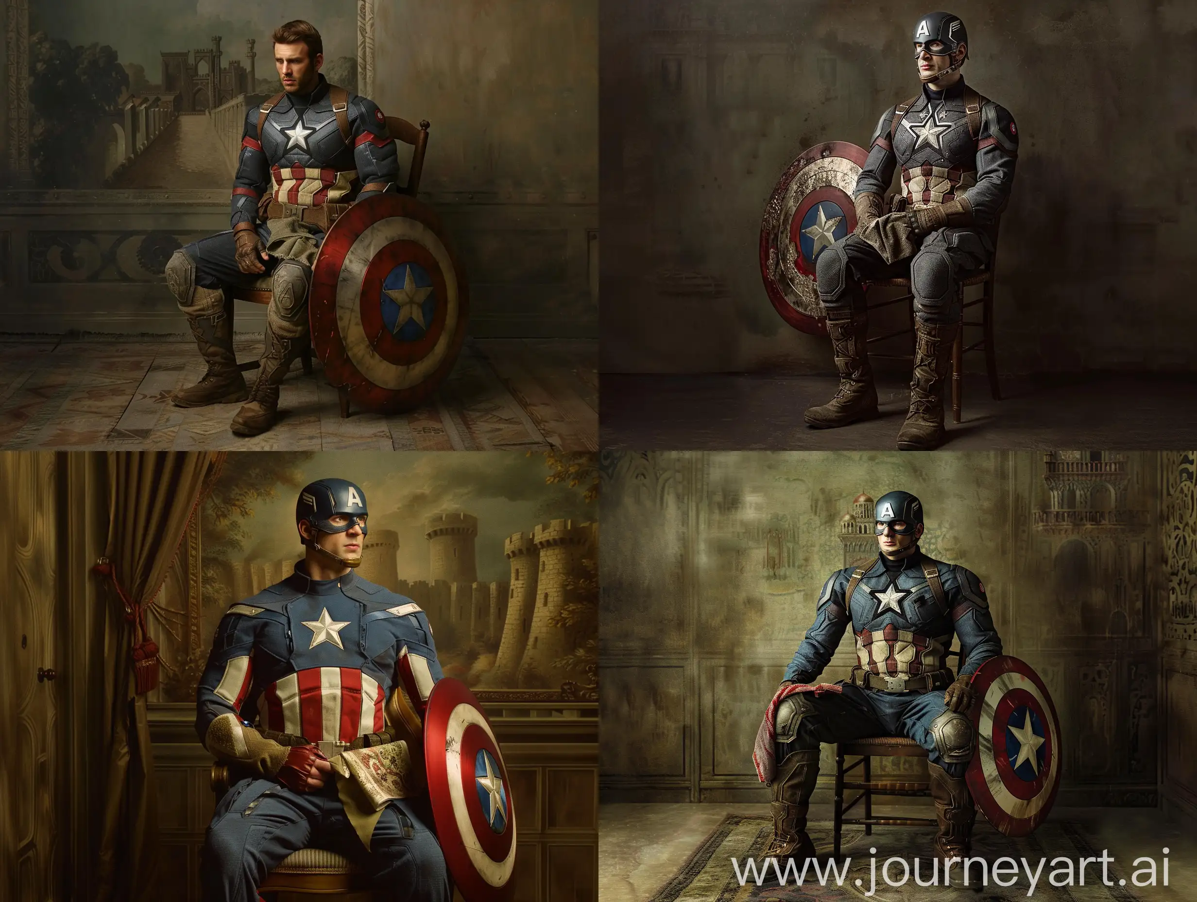 Captain America is a Marvel character, America is wearing a military uniform from the 80s, Captain America is like a crusader, Captain America has a shield like a 15th century castle, The shield is on Captain America's left leg, Captain America is holding an old handkerchief Standing upright, Captain America is sitting on a wooden chair in Camelot Palace, Captain America is in Camelot Palace in the 15th century, the lighting is classical style, Persian prince style, Captain America's face is neither happy nor sad, excellent quality , it is very clear. , very real, q2.