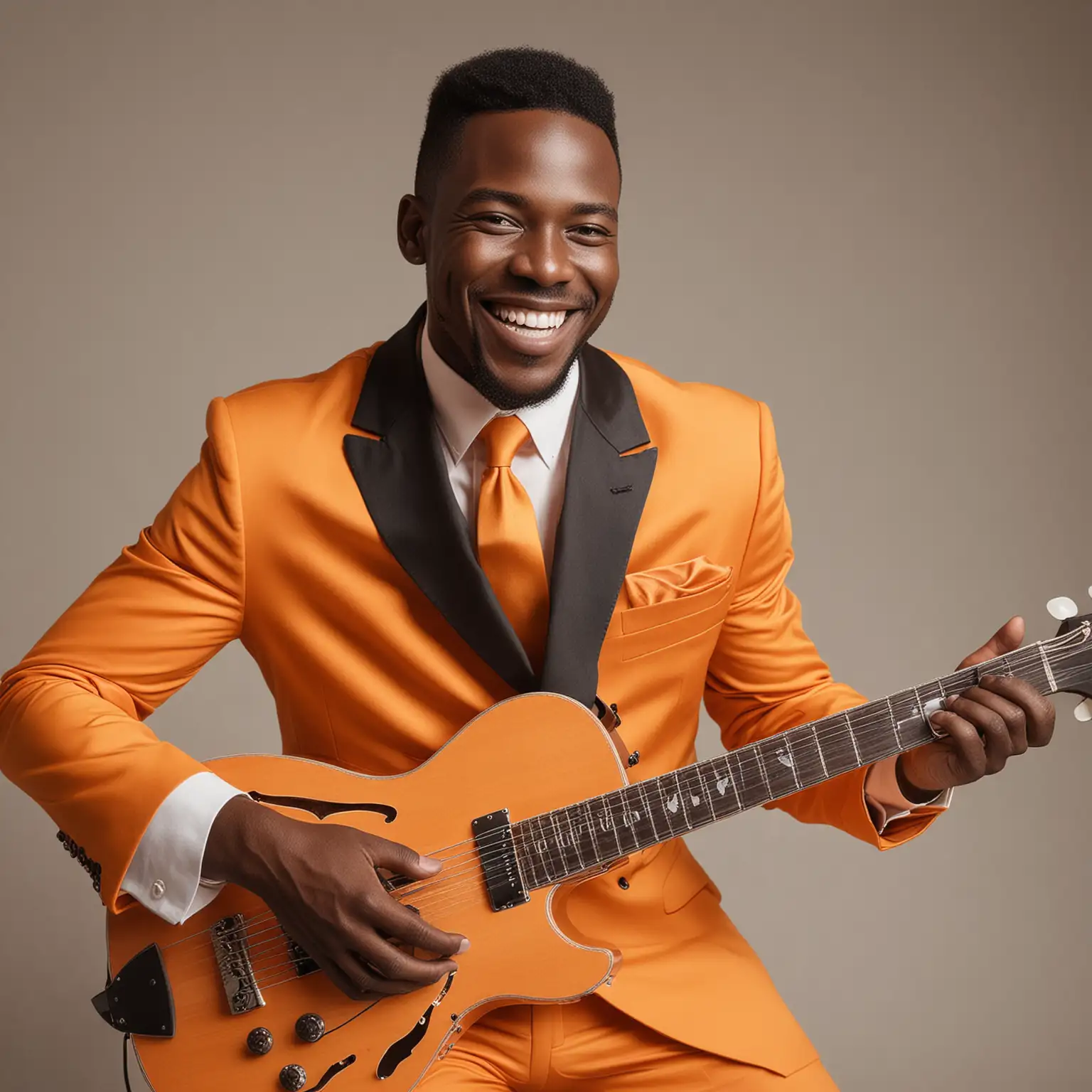 black man smiling playing music in a orange suit
