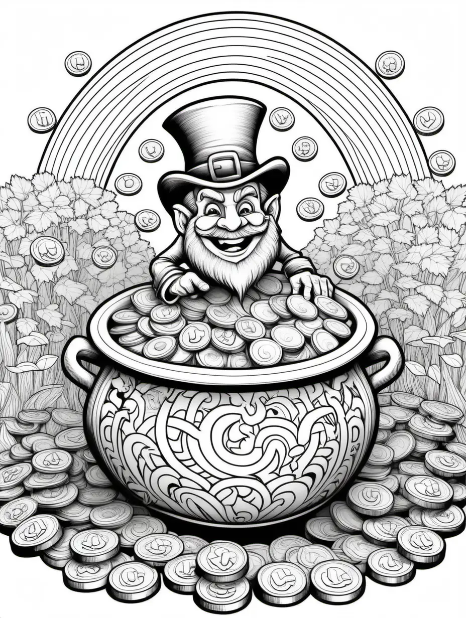 Coloring book page:: evil Leprechaun pot of gold coins rainbow:: high detail adult coloring book page, mandala style, thin black lines white background, 1 bit line art coloring book, only draw outlines, crisp, thick outlines, use up the entire screen, outline art, storybook illustration –no noise, book, logo, page, letters, words, markers, grayscale, –no black background –ar 3:4 –v 4
