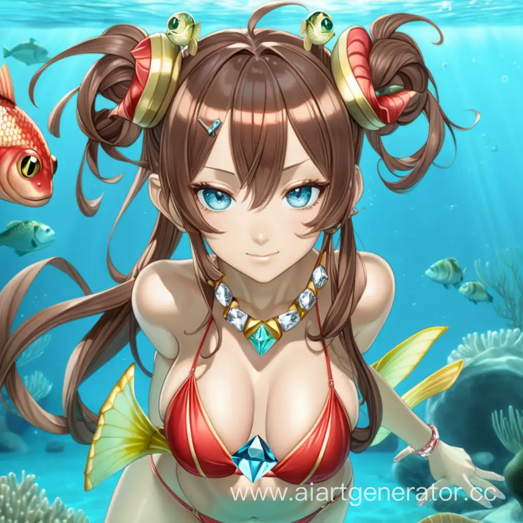 anime girl-amphibian, with light green skin, underwater, in red and golden bikini, with fish shaped ears, light blue eyes, dark brown double bun hair, holding a diamond