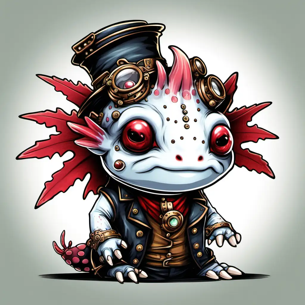 an Axolotl character for a board game, steam punk style,white skin and red eyes


