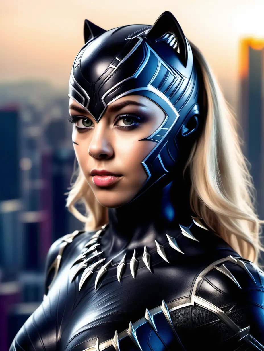 Beautiful Nordic woman, very attractive face, detailed eyes, big breasts, slim body, dark eye shadow, messy blonde hair, dressed as a female version of the superhero Black Panther, Black Panther full faced closed helmet with visor covering mouth, close up, bokeh background, soft light on face, rim lighting, facing away from camera, looking back over her shoulder, standing on a rooftop overlooking the city, photorealistic, very high detail, extra wide photo, full body photo, aerial photo