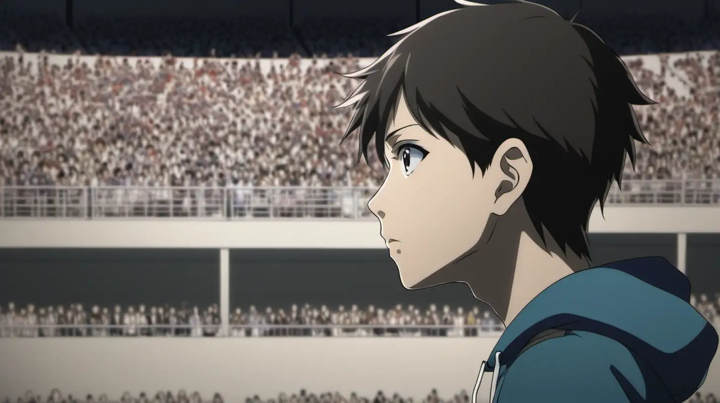A teen looking left to an empty crowd, anime style