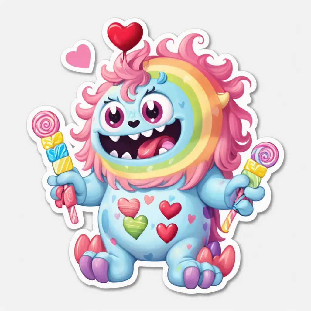 whimsical, cartoon, fairytale,pastel,cute valentine baby  rainbow monster,with valentines candy, hearts.sticker, white background