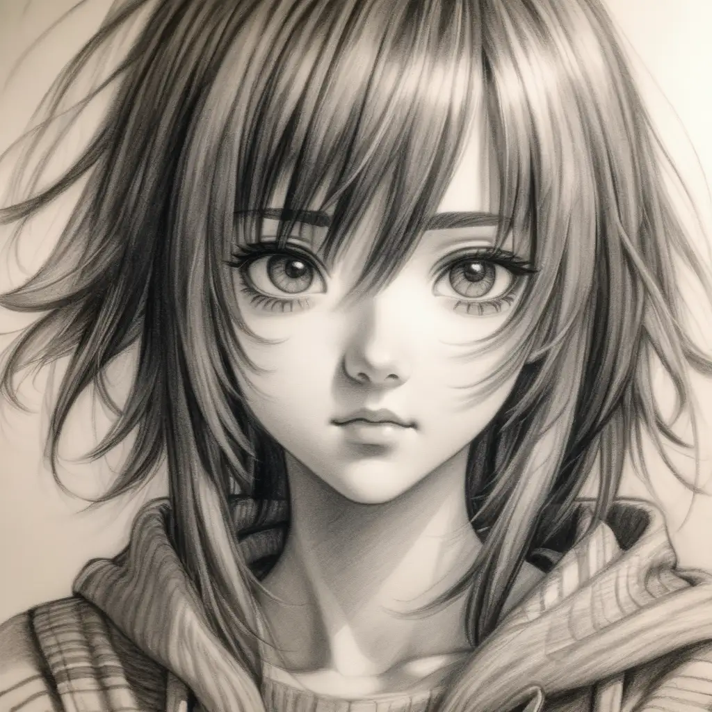 Produce a charcoal sketch portrait of a beautiful anime girl, perfect breast, symmetrical face, messy hair, focusing on capturing the essence of her character. Highlight delicate features and expressive eyes with soft shading, allowing the charcoal strokes to convey both subtlety and depth. Explore the interplay of light and shadow to emphasize her charm, and pay attention to intricate details such as hair strands and accessories. Strive for a balance between realism and the unique stylized nature of anime, creating a captivating and timeless charcoal portrait.", intricate details, detailed face, detailed eyes, hyper realistic photography,--v 5, unreal engine