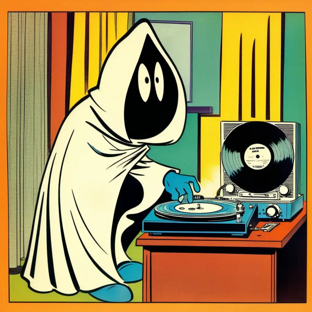 saturday morning cartoon in the 1960s, television show showing little phantom cloaked character listening to vinyl record player, hanna barbera style cartoon artwork