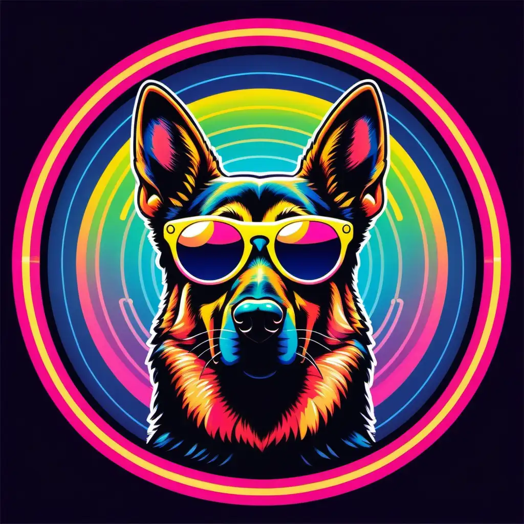 iconic idol, German Shepherd, dog, sunglasses, flat vector, groovy neon lo lo-fi, isolated on a white background, surrounded by circle --ar 2:1 --s 100 --v 5.2