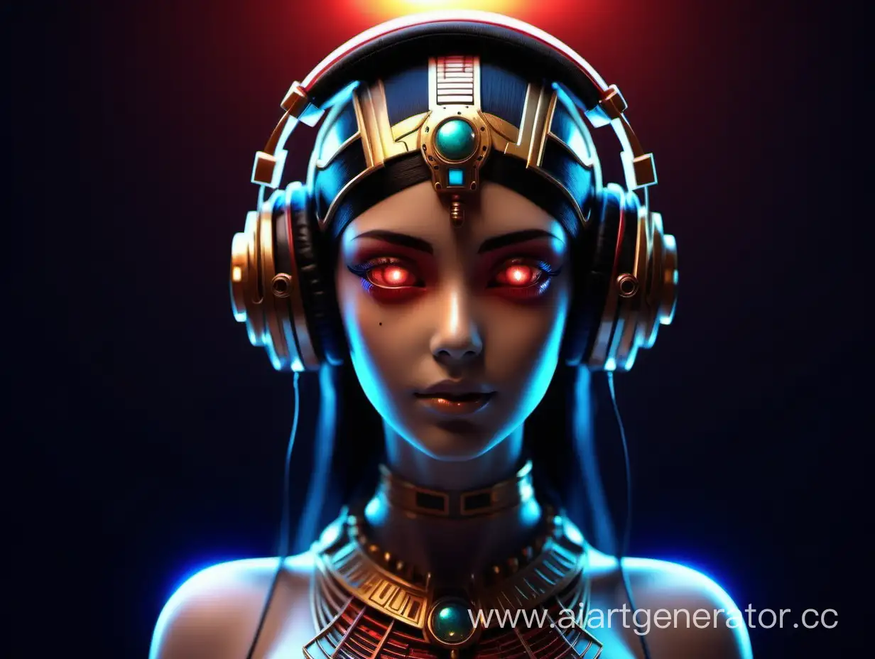 Beautiful girl cosmic robot 
 with headphones only face led red yas Beautiful girl robot Pharaoh cleopatra glowing eyes trance music in headphones

