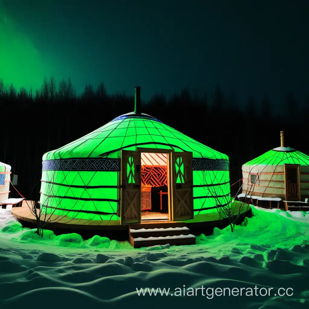 Bashkir-Yurt-Vibrant-Neon-Green-Exterior-Illuminated-in-the-Night