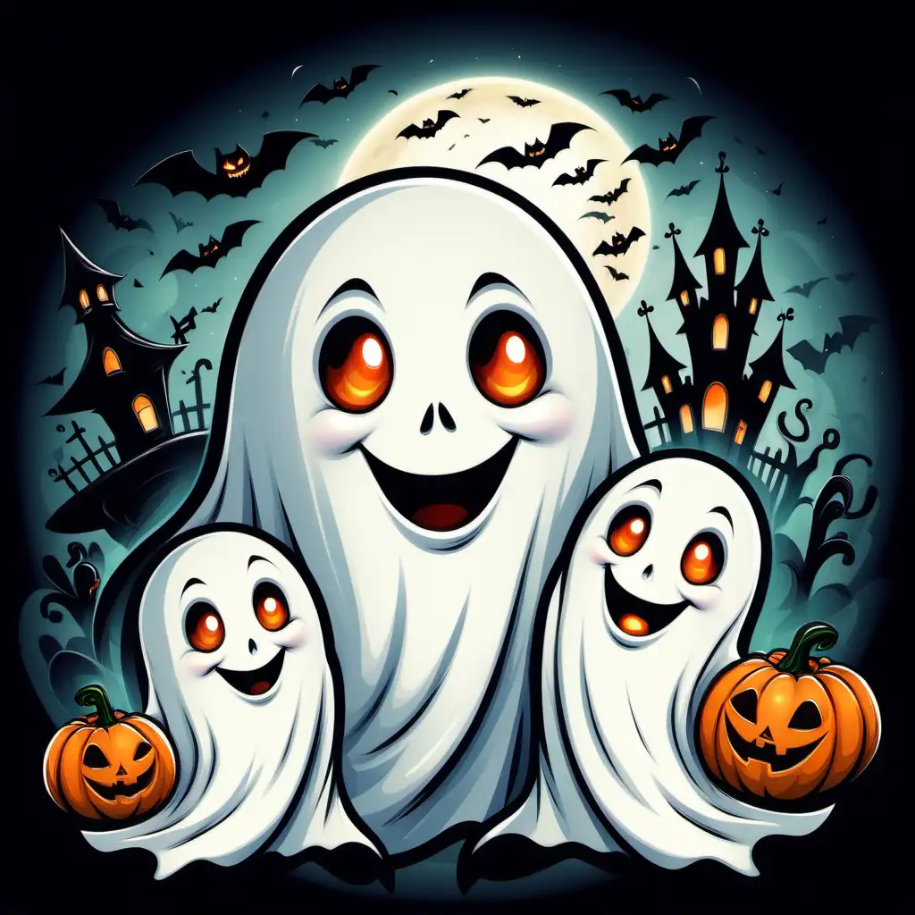 portrait cartoon of Holloween Ghost, with smiles, hugs, and a sense of togetherness, 