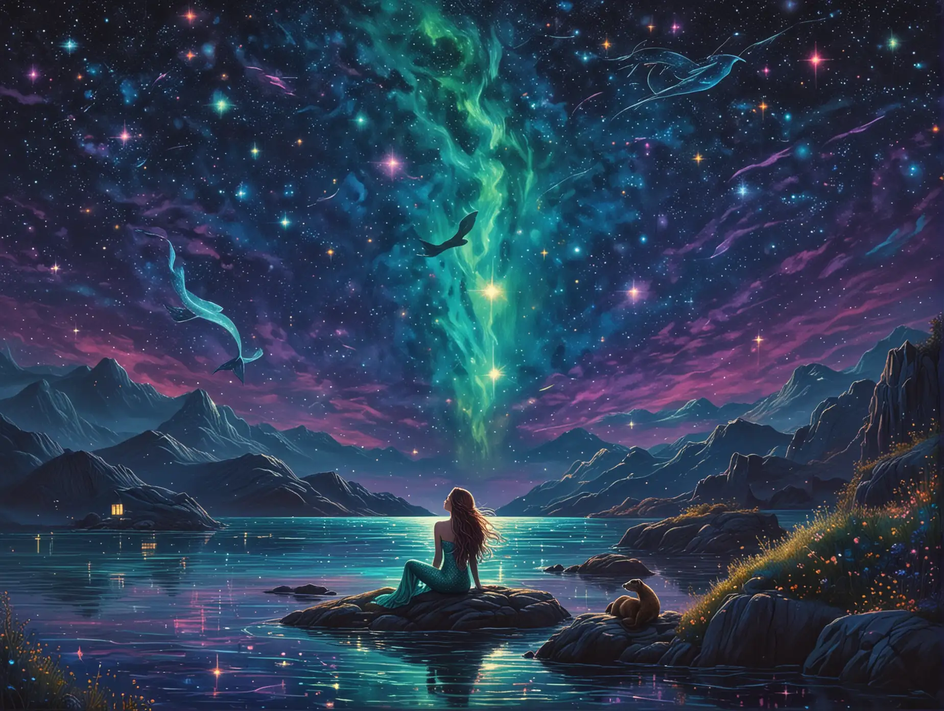 Surreal Starry Night Mermaid Gazing at Neon Constellations with Otter Companion