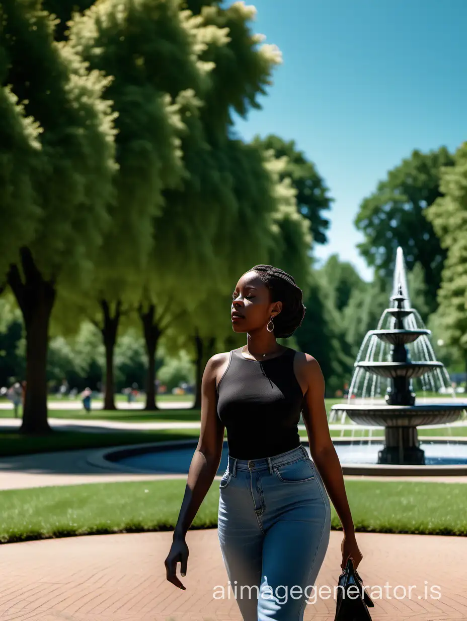 A black woman walking in the park, after work, blue sky, green trees, park with a little fountain, 35 mm f 2 lens shot, photo realistic, high detail, realism, Canon R6 image style, 