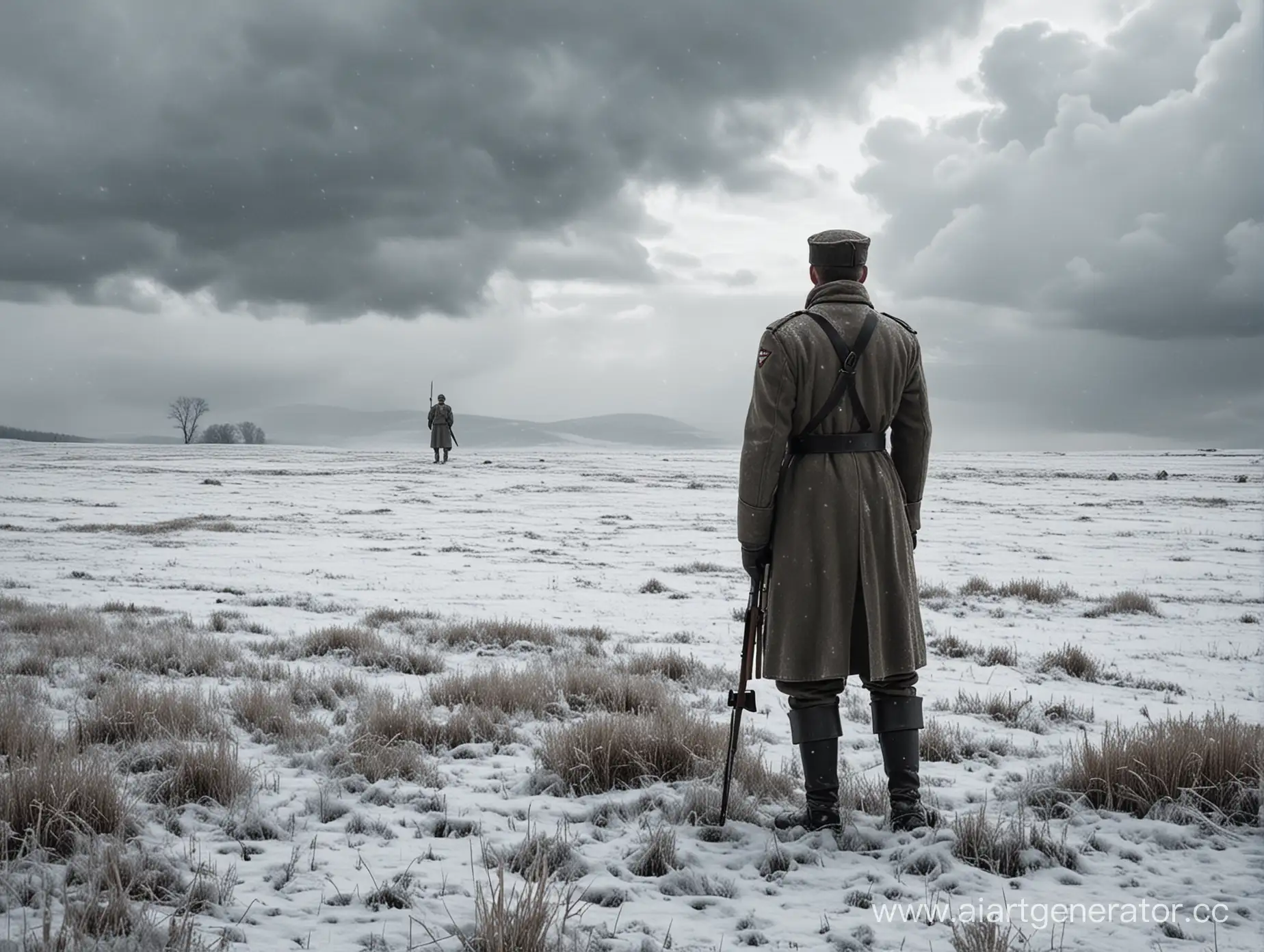 Create an image depicting a frozen soldier against the backdrop of a snowy field. A heavy cloud hangs over the scene, and in the distance, a figure reminiscent of the lonely remaining Hitler can be seen, whose last hope faded in the cold snow.
