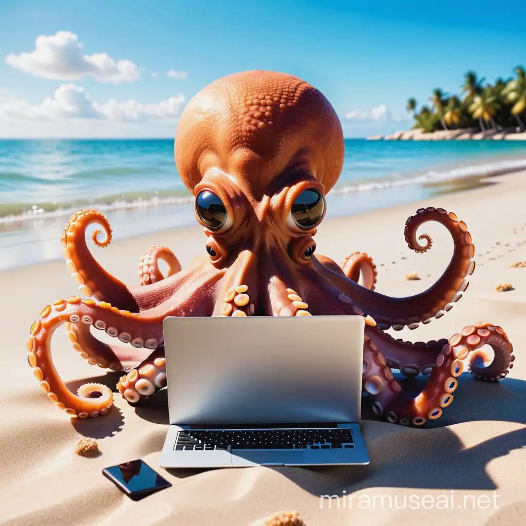 octopus working with a laptop on a beach