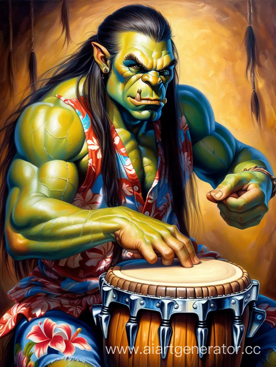 Muscular-Fantasy-Orc-in-Hawaiian-Shirt-Playing-Bongo-HighQuality-Oil-Painting