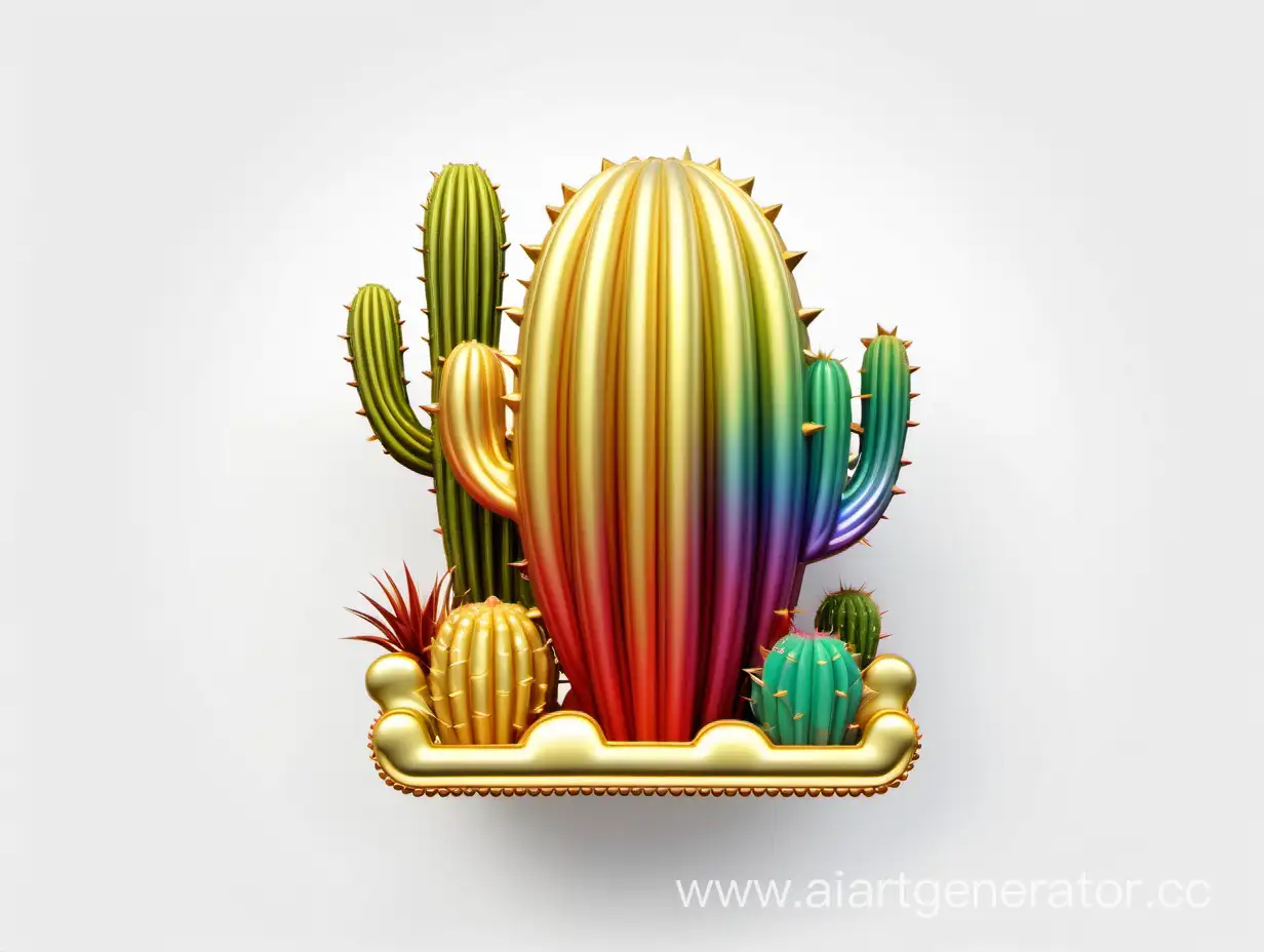 simple icon of a 3D cactus rainbow vintage frame, made of golden cactus. white background.