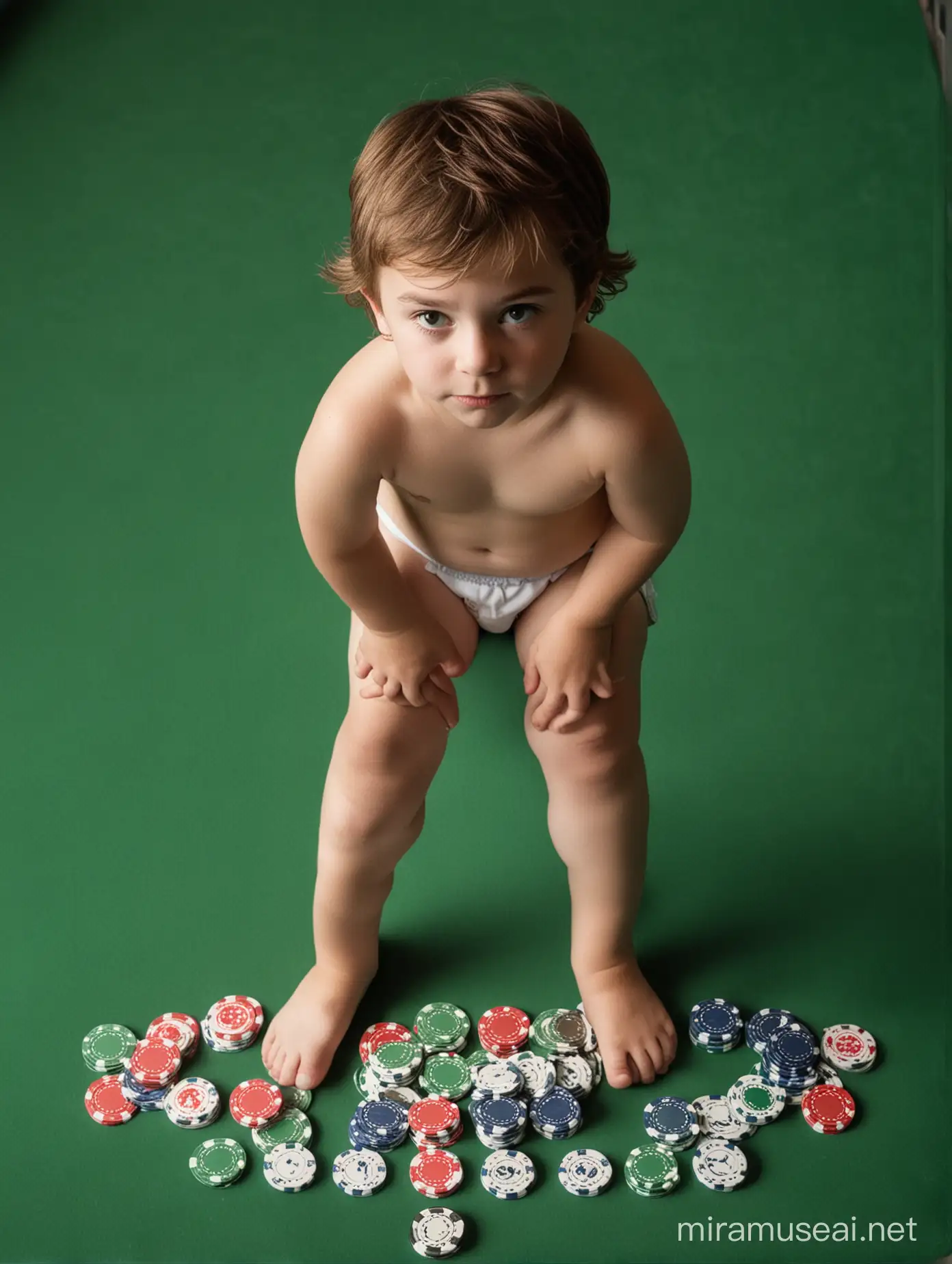 a  child in white briefs in a green poker table, he is surrounded by poker chips