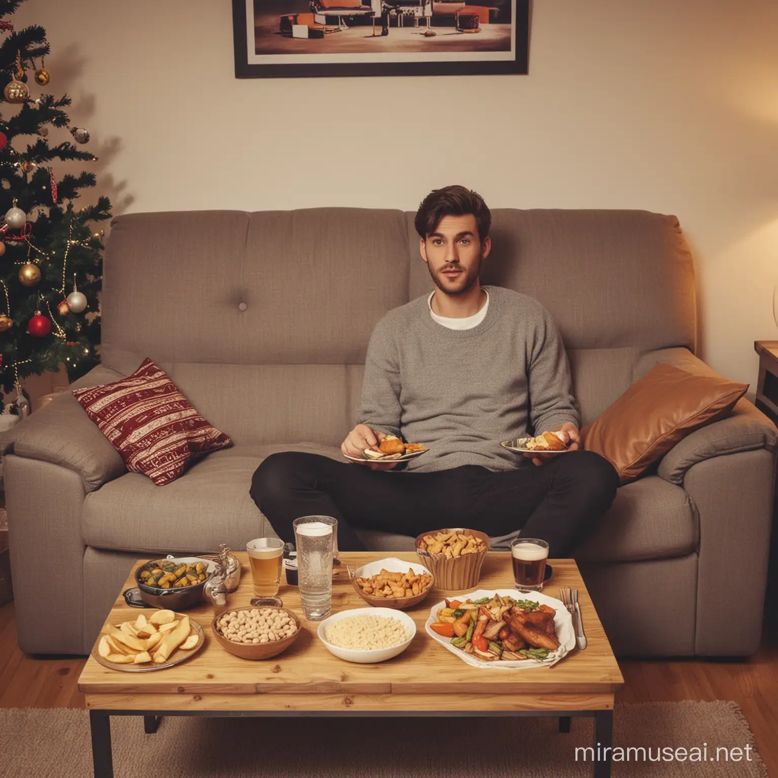 make a cheap Apartment with an man siting down on a sofa. a table was in front of him and the table had two plats with food on it and it was new years