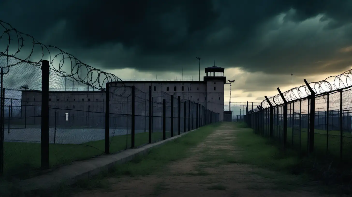 A penitentiary in the middle distance at dusk, barbed wire on top of the fences, guard towers, dark clouds overhead. Full color, photographic quality, highly detailed.