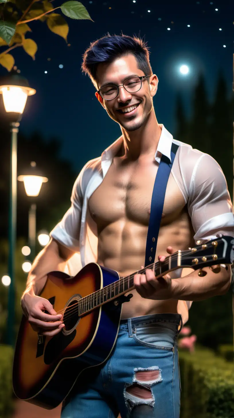 Handsome man play guitar in rose garden, short hair in navy blue color, shirtless, half transparent white open shirt, show hairy chest, show abs, muscular, stubbles, glasses, torn blue jeans, smiling, night, street lamps 