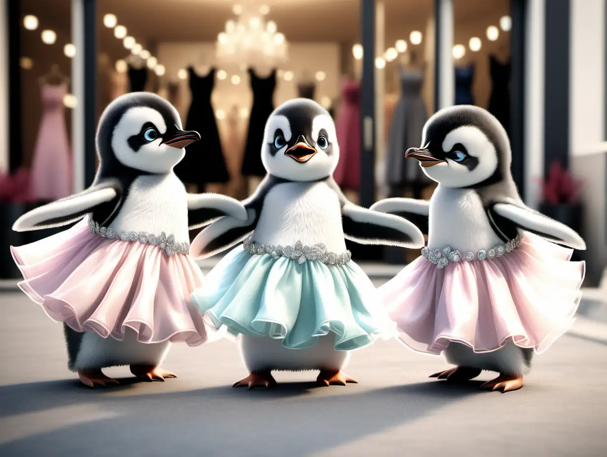 Two super cute happy baby penguins wearing prom dresses, high fiving each other, a luxury clothing store in the background