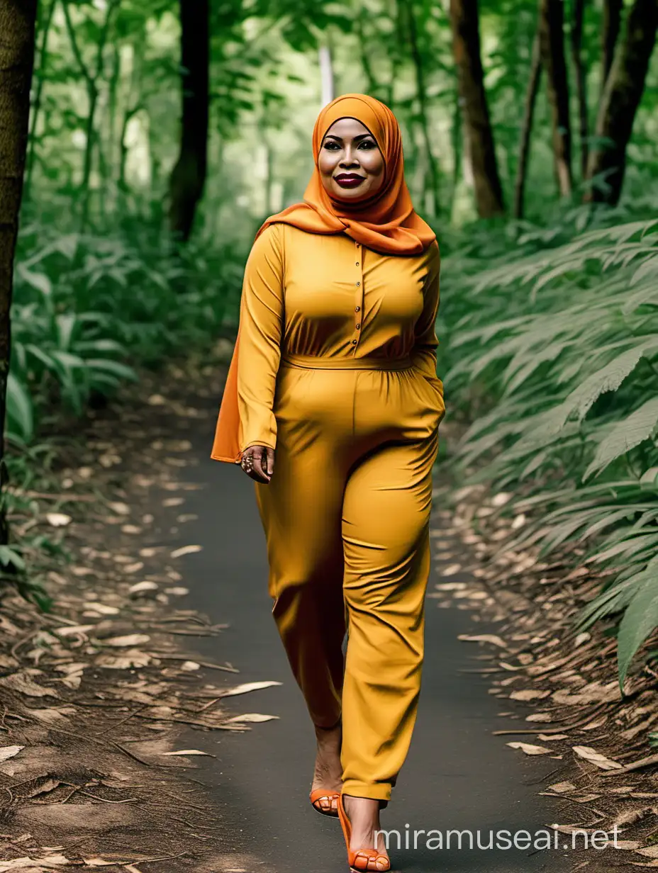 Wanita Indonesia berhijab, usia 40 tahun, berbibir tebal, lebar dan sexy. Riasan wajah medok dan tebal.

Memakai jumpsuit ketat kuning Oren motif tribal dan wedges heel. Berjalan di jalan setapak sebuah hutan penuh pepohonan.