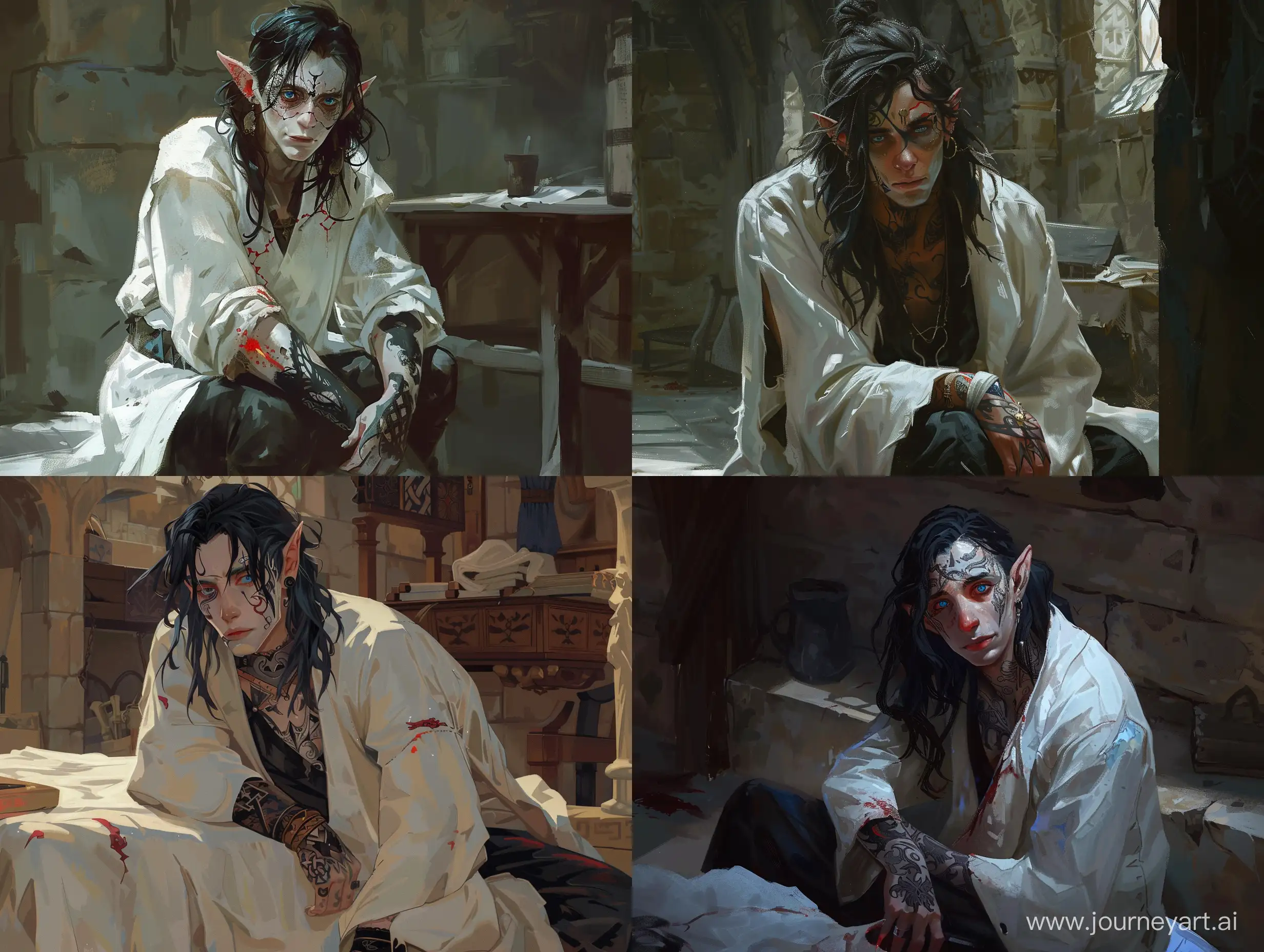 Character from Dungeon and Dragons. A young man, a medic-surgeon, knowledgeable about poisons, looks tired. Long, black hair, bright-blue eyes, short ears, pale skin, bags under his eyes, black-and-red tattoos all over his body, including his face. Wearing a white robe, black pants. Height 185, weight 75. Conducting surgery in a medieval infirmary. --ar 4:3 --no 36870
