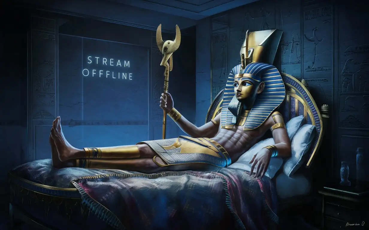 The Egyptian god Amun, lying in bed, late at night, the inscription on the wall Stream Offline