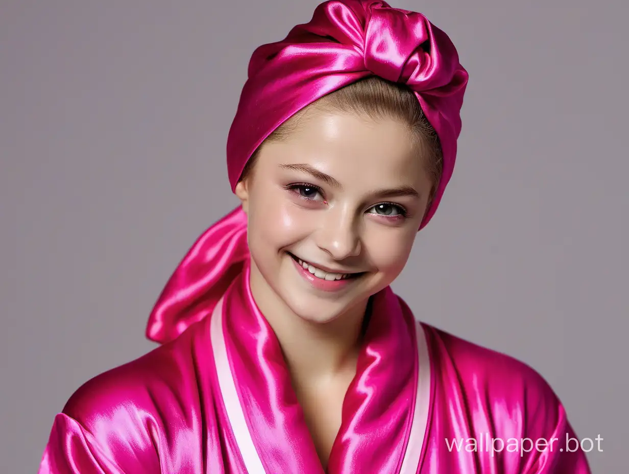 Yulia Lipnitskaya smiles beautifully and tenderly with long hair in a silk robe of fuchsia color with a pink silk turban towel on her head