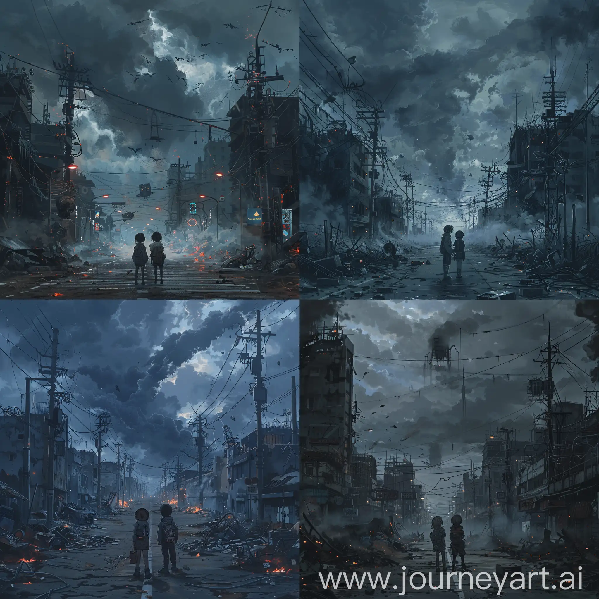 Create an apocalyptic anime-style painting depicting a future cyberpunk world without electricity. A group of two anime characters stand on an empty street, surrounded by destroyed buildings and debris from technological devices. There is darkness all around, as there is no more electricity, and only the flickering lights of distant light sources penetrate through the fog and dust. The atmosphere is filled with horror and hopelessness, and dark clouds hang in the sky, blocking the light from afar."