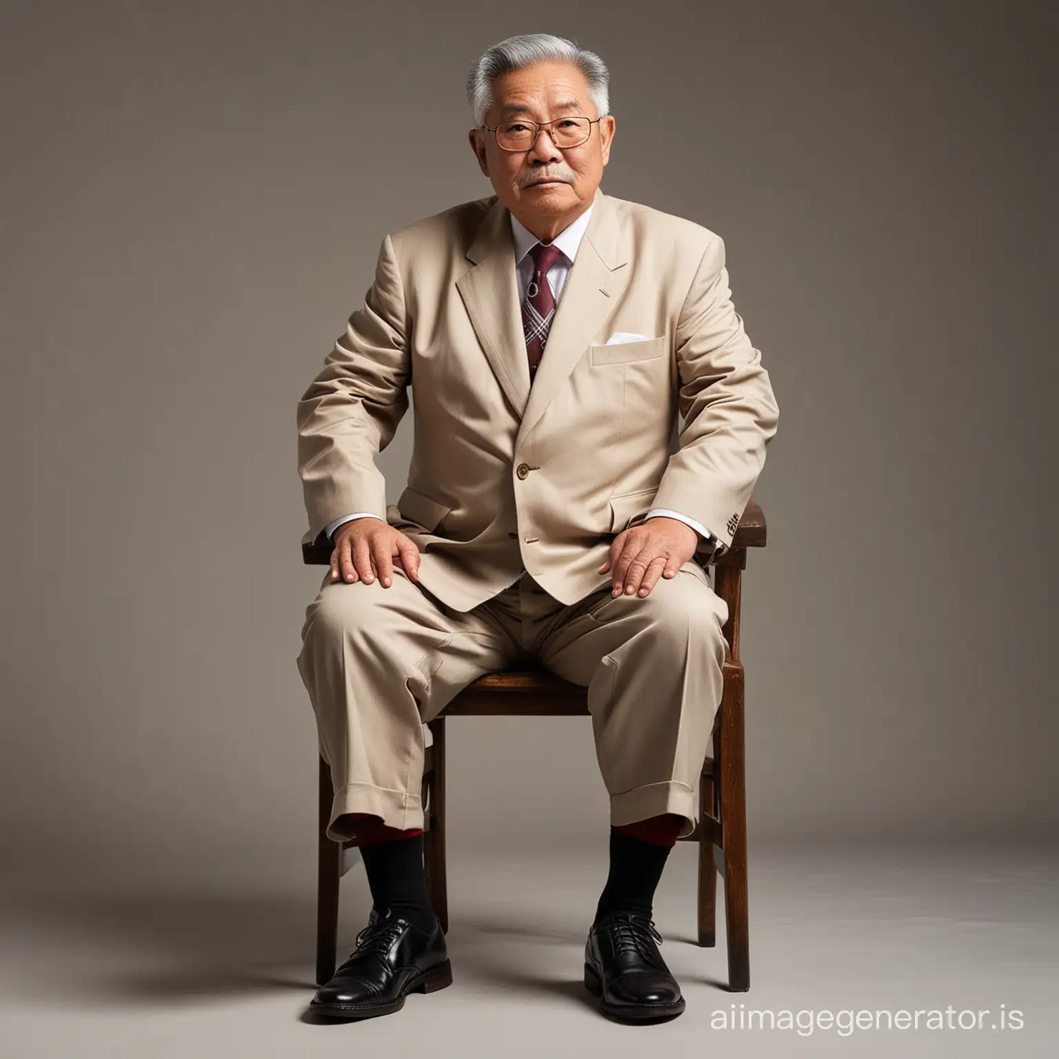 Chinese fat old man 70 years old, shot height, wearing tan suit, white shirt, dark-red socks, black shoes, grey hair, sit on a chair, full body shot, full body shot, fantasy light cream solid background, dramatic lighting