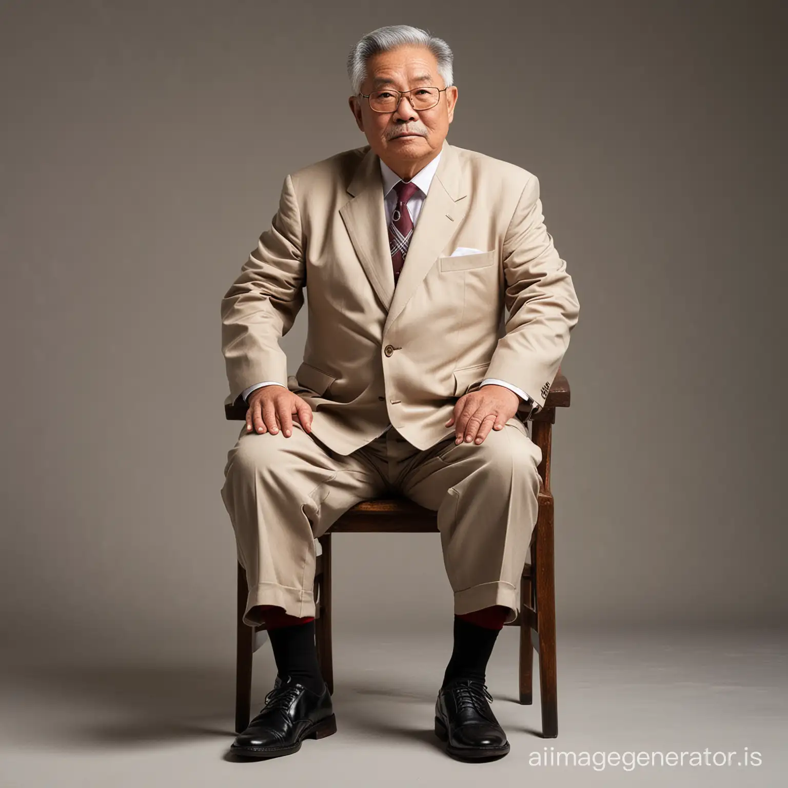 Chinese fat old man 70 years old, shot height, wearing tan suit, white shirt, dark-red socks,  black shoes, grey hair, sit on a chair, full body shot, full body shot, fantasy light cream solid background, dramatic lighting