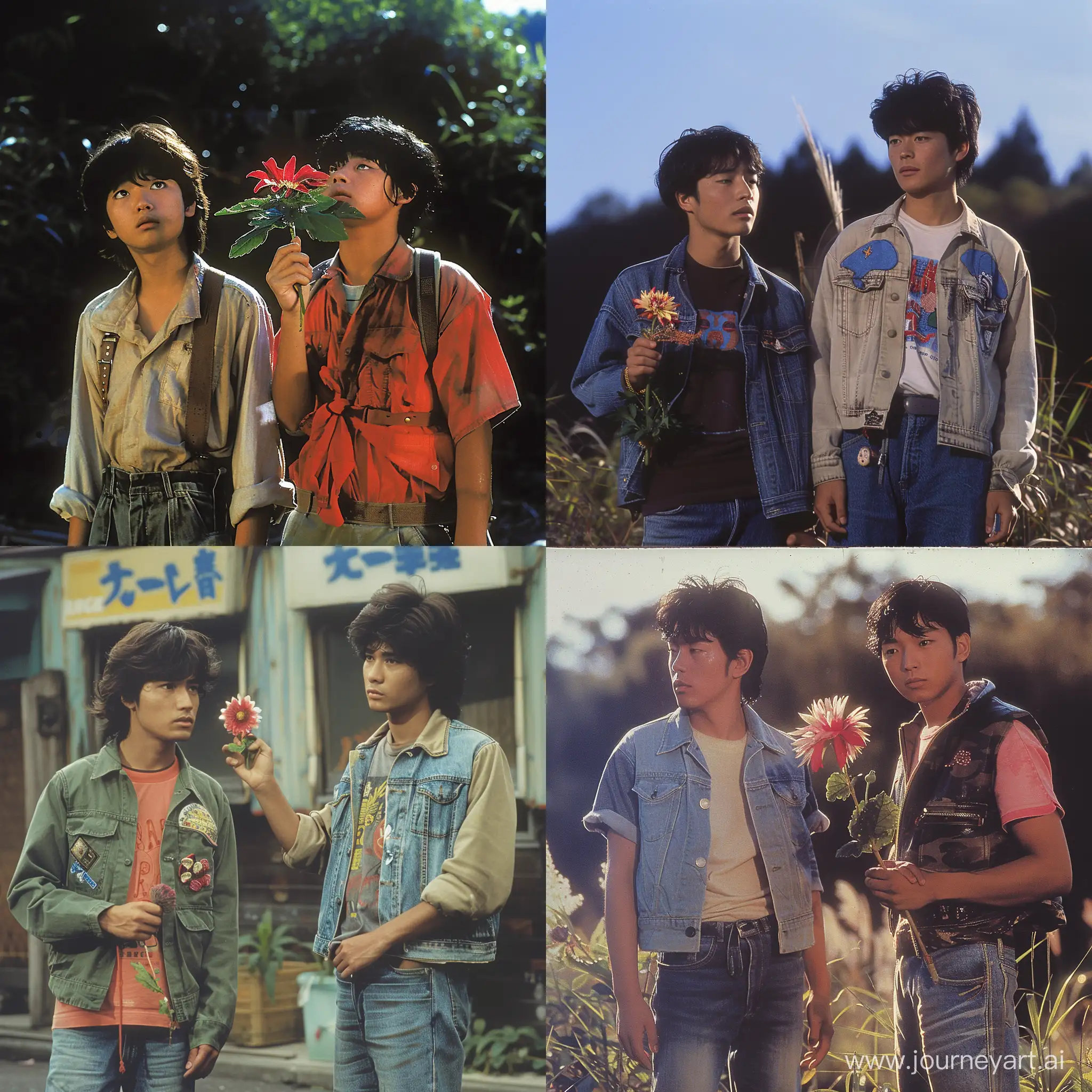 a live-action 80s movie scene, a yung guy holding a flower standing next another young man. Scene movie in 1980s. 80s ghibli movie, sceenshot photo from ghibli movie in 1980s
