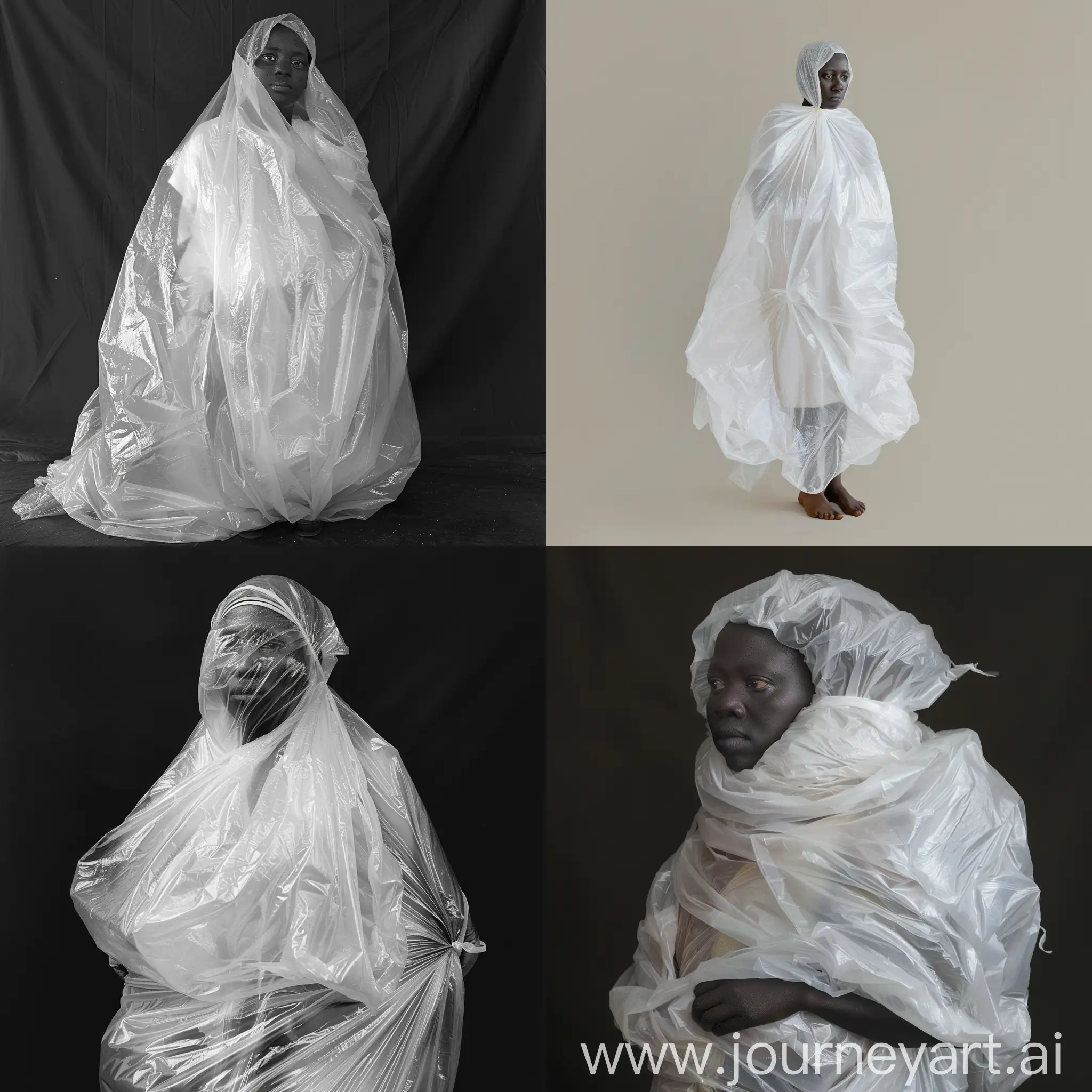 African woman covered in a bulky draped clear plastic bag like a puffy dress