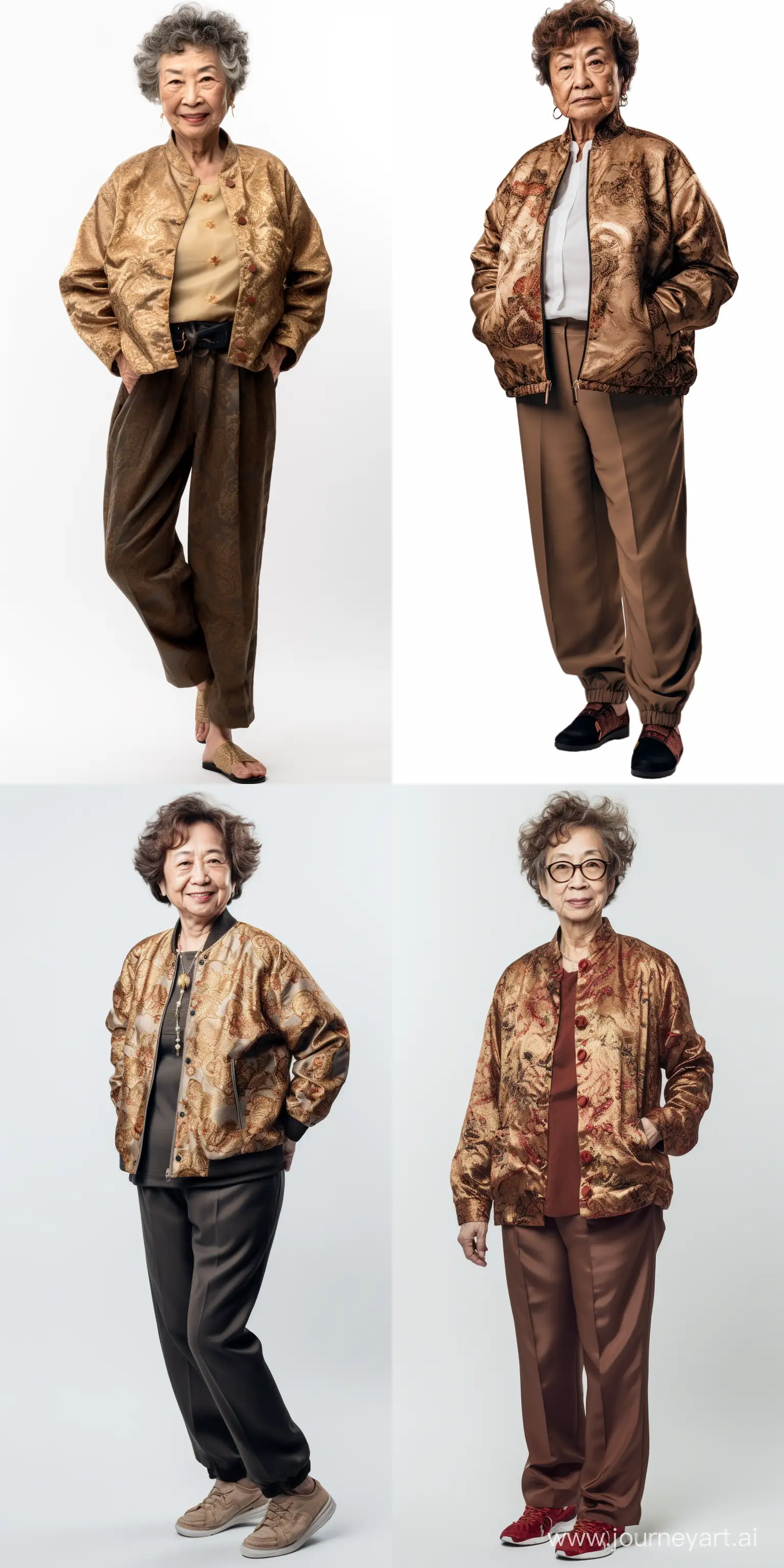 v 5a 50-year-old Chinese woman, gold earrings, wrinkled clothes, warm embroidered jacket, brown cotton pants, curly hair, old people’s shoes, pure white background, photography,(FULL SHOT) ,Front view,8k,hyper quality --ar 1:2 --v 5