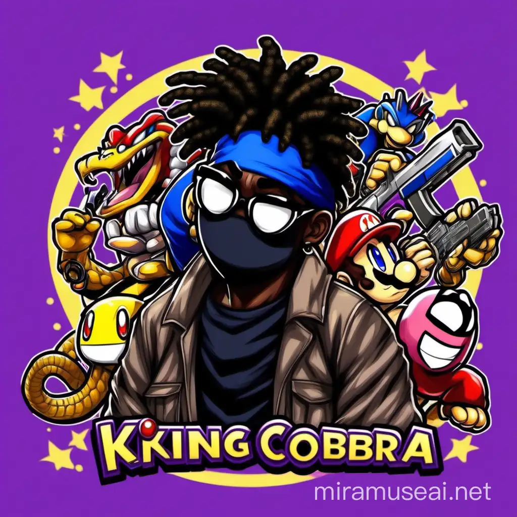 make me a banner for my YouTube channel using the name king cobra7k and add Mario Pokémon  Kirby sonic with a black dude with short dreads and a black mask covering his mouth with with thug life glasses covering his eyes no guns