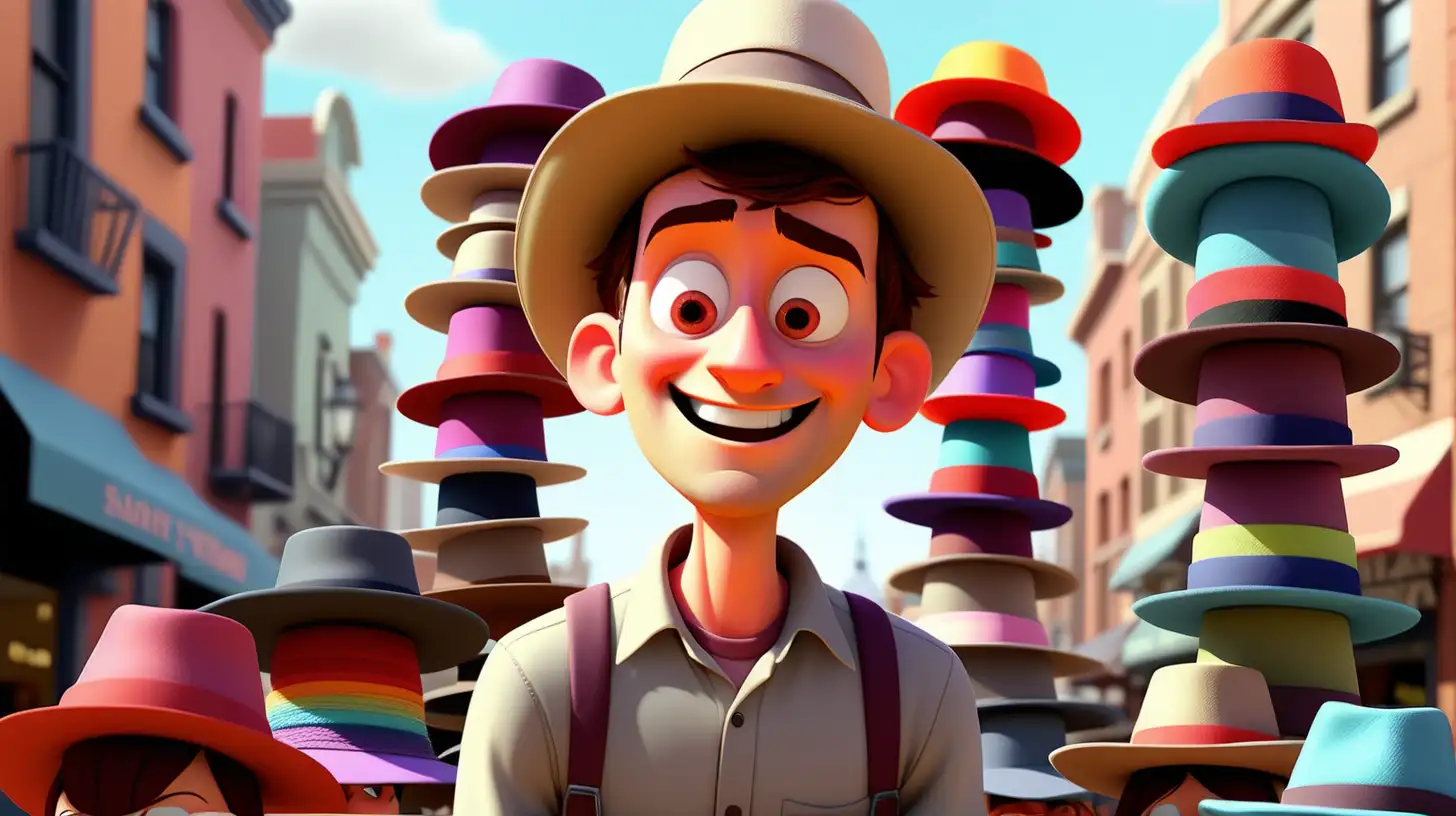 happy small business owner standing in town square wearing a bunch of hats stacked on their head, colorful, pixar style, no watermark
