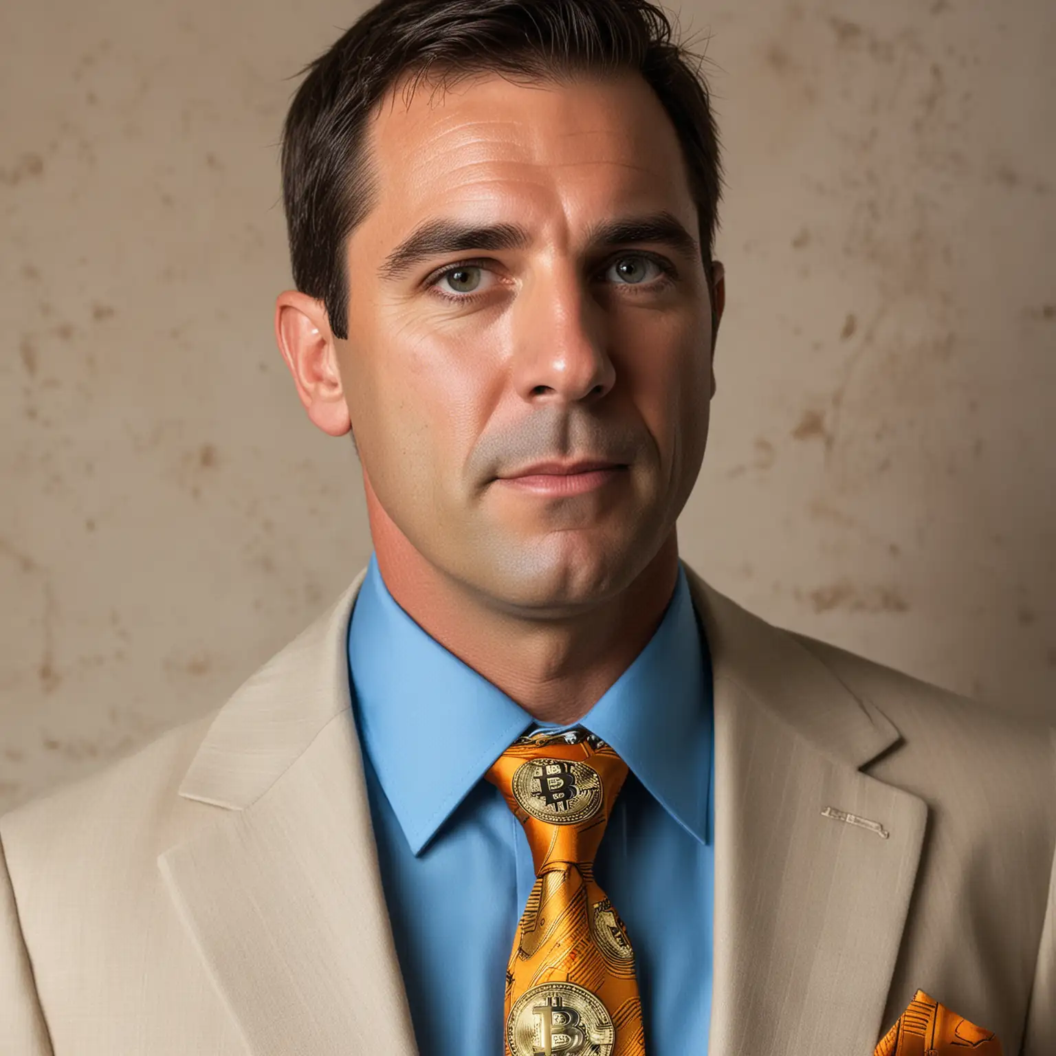 A private investigator named "Bitcoin P.I.," like the characters James Bond 007 and Magnum P.I., show a hint of the Bitcoin pattern on his tie