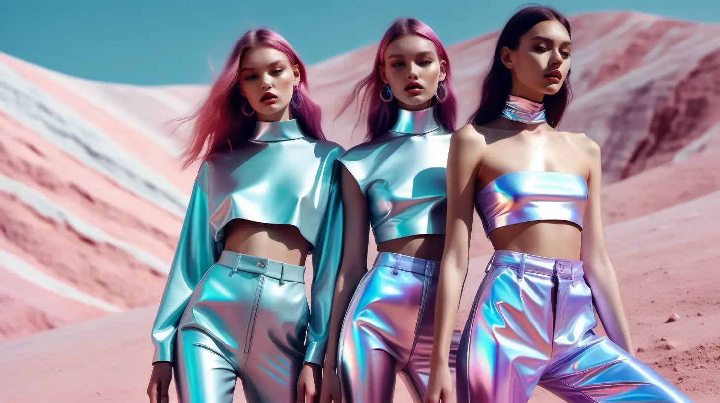 Fashion Models in Futuristic Holographic Clothing on PastelColored Hills