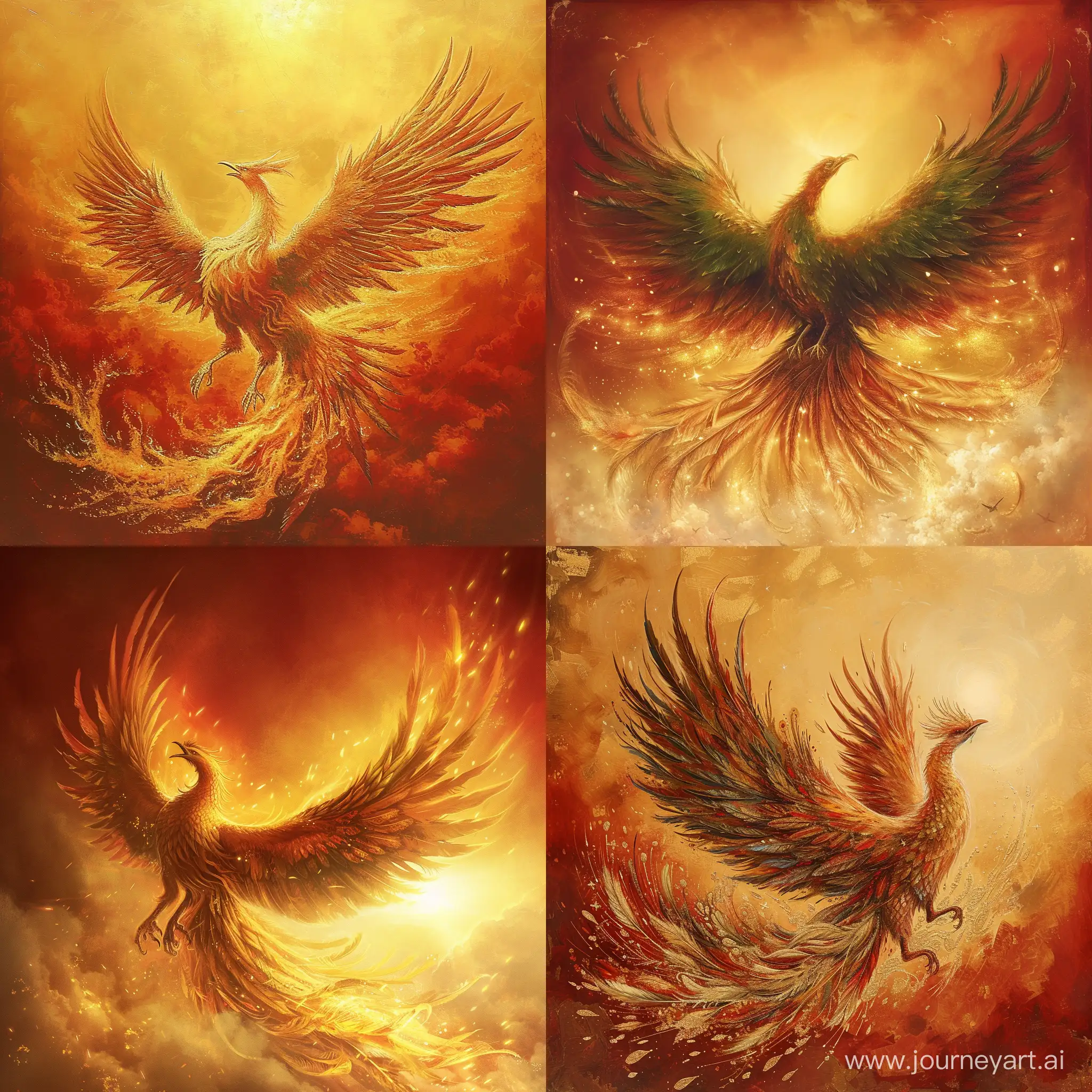 凤凰在天，大鹏展翅，华丽的羽毛清晰可见，背景是金红色象征圣神